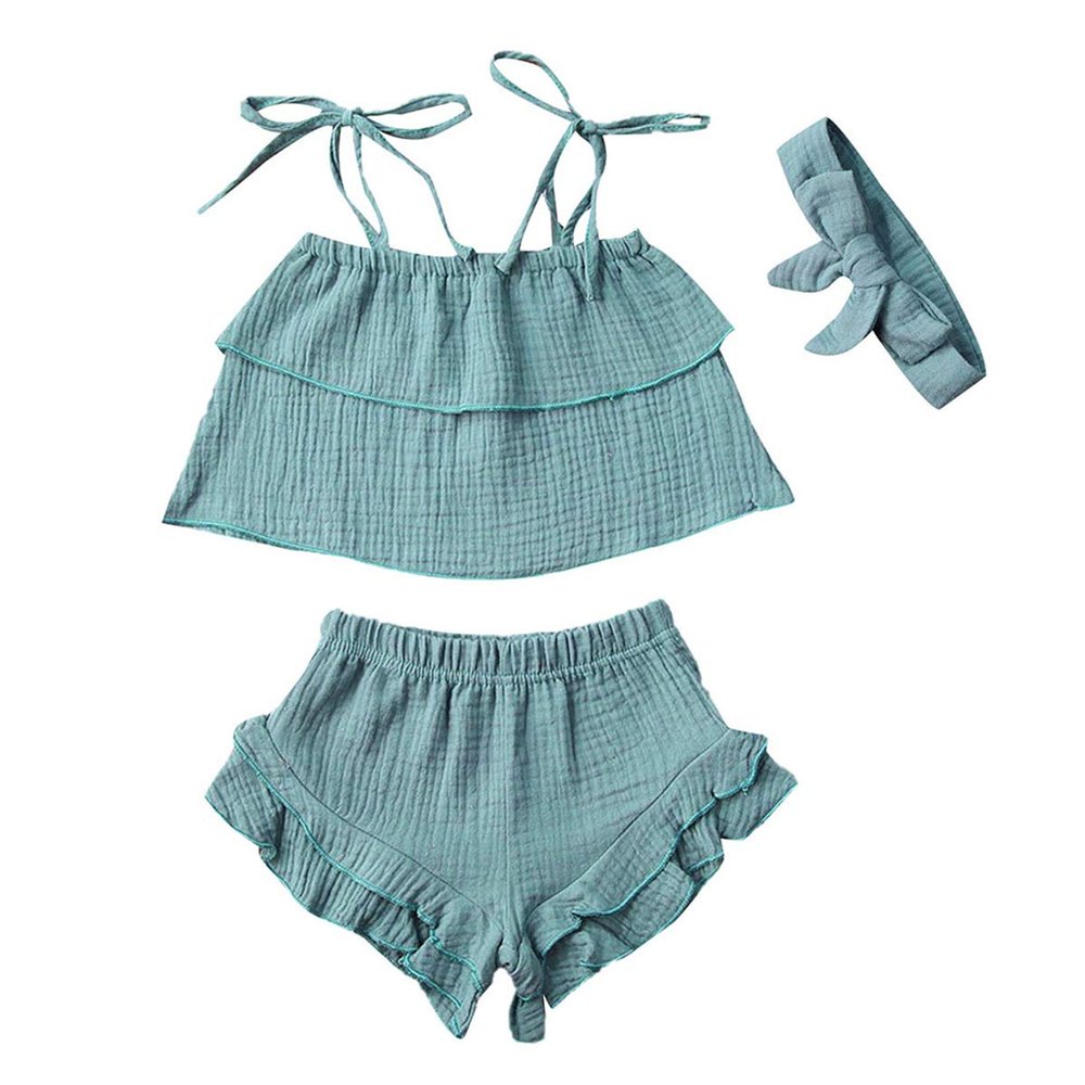 3Pcs Toddler Baby Girl Summer Outfits Halter Sleeveless Tank Top + Ruffled Shorts Pants + Bowknot Headband (Blue Grey, 2-3T)