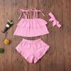 3Pcs Toddler Baby Girl Summer Outfits Halter Sleeveless Tank Top + Ruffled Shorts Pants + Bowknot Headband (Pink, 1-2T) view 2