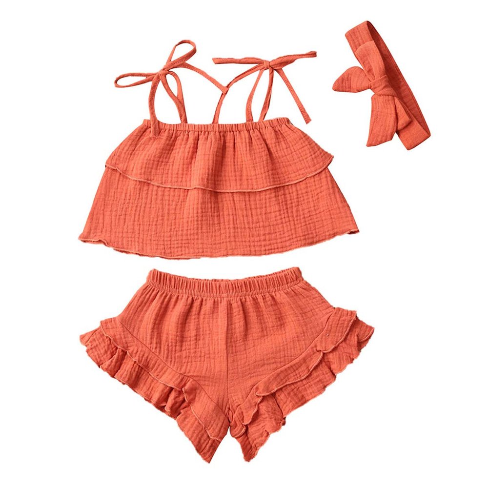3Pcs Toddler Baby Girl Summer Outfits Halter Sleeveless Tank Top + Ruffled Shorts Pants + Bowknot Headband (Dark Orange, 4-5T)