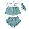 3Pcs Toddler Baby Girl Summer Outfits Halter Sleeveless Tank Top + Ruffled Shorts Pants + Bowknot Headband (Blue Grey, 1-2T) view 1