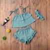 3Pcs Toddler Baby Girl Summer Outfits Halter Sleeveless Tank Top + Ruffled Shorts Pants + Bowknot Headband (Blue Grey, 1-2T) view 3