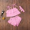 3Pcs Toddler Baby Girl Summer Outfits Halter Sleeveless Tank Top + Ruffled Shorts Pants + Bowknot Headband (Pink, 3-4T) view 3