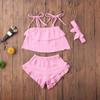 3Pcs Toddler Baby Girl Summer Outfits Halter Sleeveless Tank Top + Ruffled Shorts Pants + Bowknot Headband (Pink, 3-4T) view 4