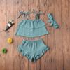 3Pcs Toddler Baby Girl Summer Outfits Halter Sleeveless Tank Top + Ruffled Shorts Pants + Bowknot Headband (Blue Grey, 3-4T) view 4