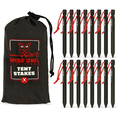 Wise Owl Outfitters Tent Stakes Heavy Duty 16 Pack  Lightweight Non-Rust Aircraft Aluminum Tent Pegs - Metal Ground Stakes for Camping, Canopy, Tarp