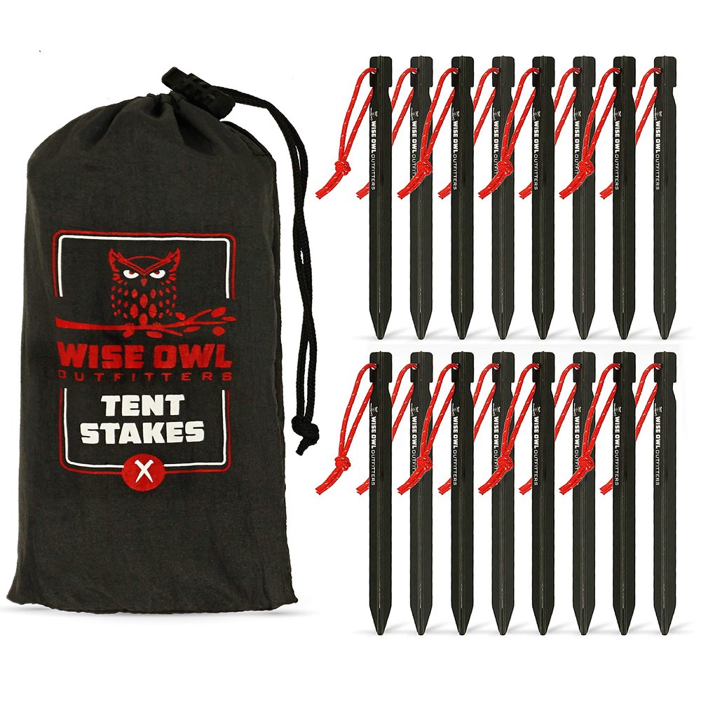 Wise Owl Outfitters Tent Stakes Heavy Duty 16 Pack  Lightweight Non-Rust Aircraft Aluminum Tent Pegs - Metal Ground Stakes for Camping, Canopy, Tarp
