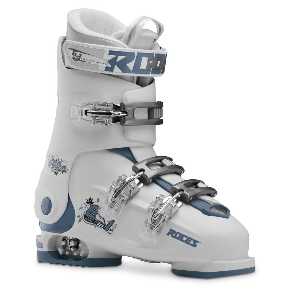 Roces Idea Free Adjustable Youth Ski Boots White/Teal | Kids & Junior Alpine Ski Boots Size 22.5-25.5 | 3-Buckle with Power Strap