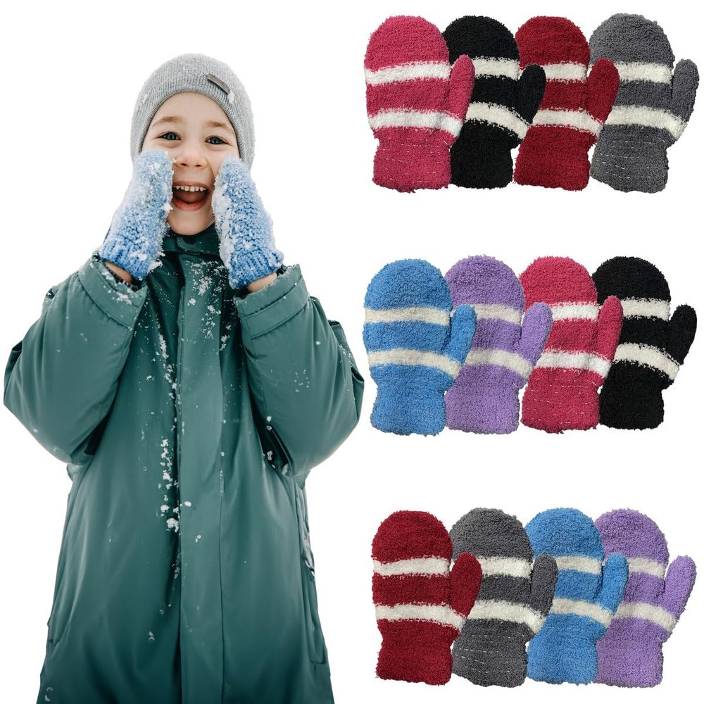 Yacht & Smith 12 Pack of Kids Fuzzy Mittens, Warm Soft Mitten For Toddlers Children, Bulk (Assorted,)