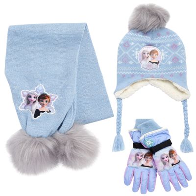 Disney Frozen Kids Beanie Hat, Scarf and Glove Set, Anna and Elsa Girls Winter Knit Cap with Matching Mittens, Age 4-7 Years, Multi