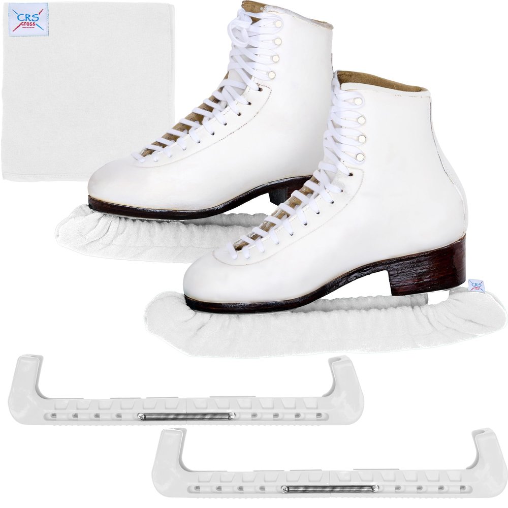 CRS Cross Ice Skate Guards, Soakers and Towel Gift Set. Essential Ice Skating Hard Guard and Soft Skate Blade Cover Accessories for Figure Skating or Hockey (Waltz White, Small)