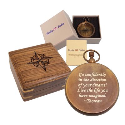 Engravable Antique Brass Pocket Compass with Gift Box | Solid Brass Compass with Optional Hardwood Storage Box and Custom Engraved Plaque for Keepsake or Gift (Graduation - Thoreau)