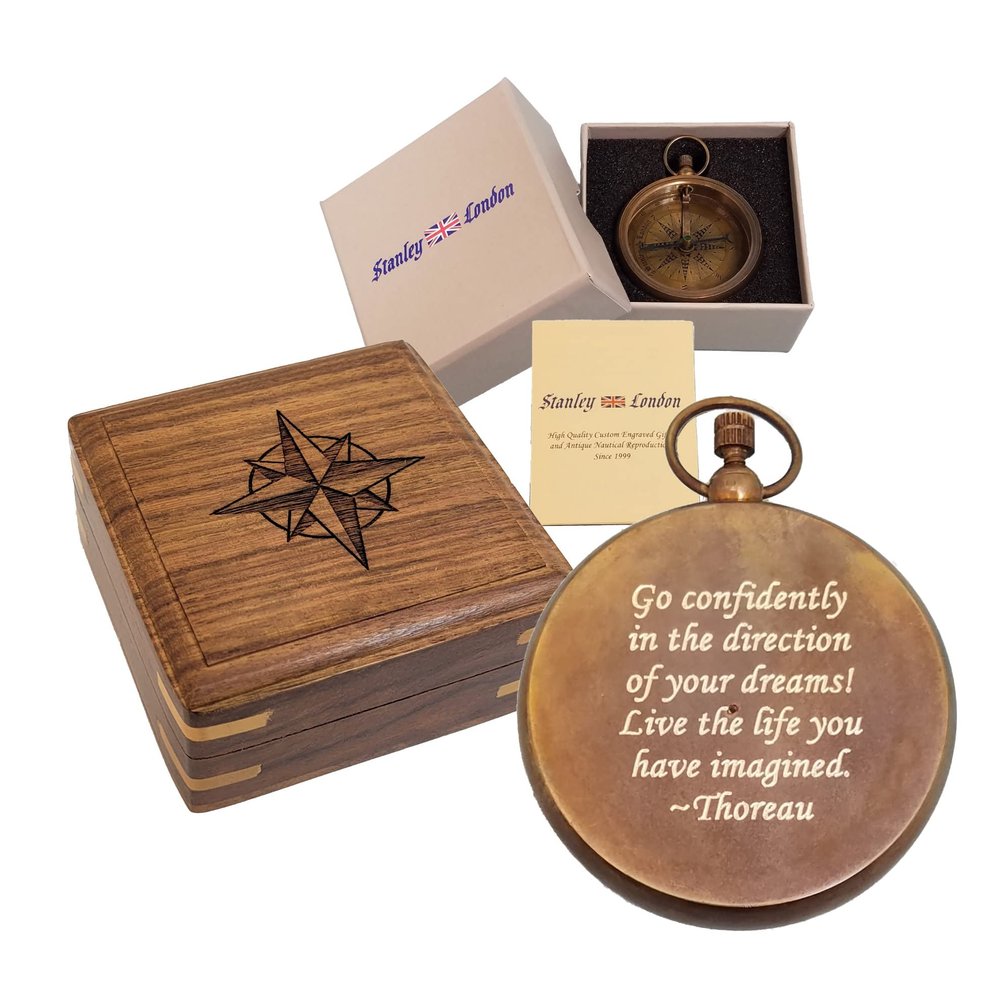 Engravable Antique Brass Pocket Compass with Gift Box | Solid Brass Compass with Optional Hardwood Storage Box and Custom Engraved Plaque for Keepsake or Gift (Graduation - Thoreau)