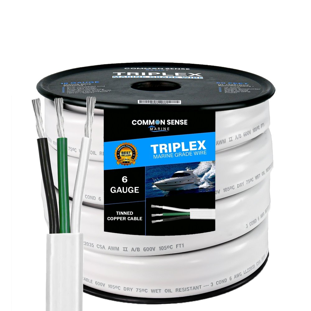 6/3 AWG UL 1426 (The Real Thing) Triplex Flat Marine Wire - Tinned Copper Boat Cable - 10 Feet - White PVC Jacket