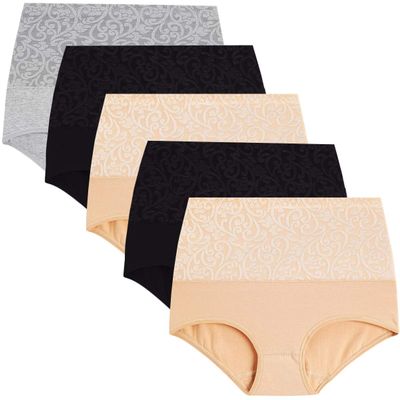 YaShaer Women's Briefs Underwear Cotton High Waist Tummy Control Panties Jacquard Ladies Panty 5 Pack Size S