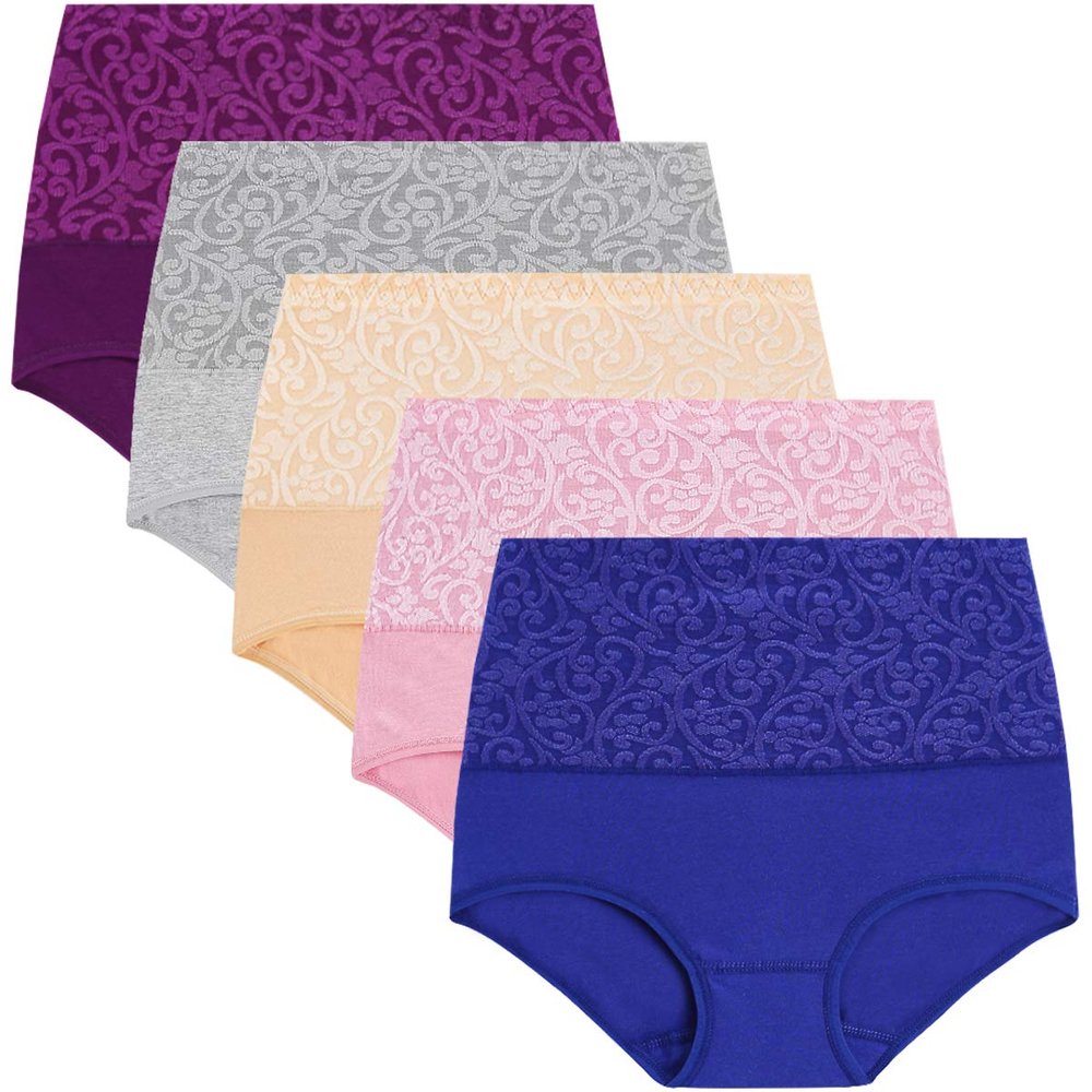 YaShaer Women's Briefs Underwear Cotton High Waist Tummy Control Panties Jacquard Ladies Panty 5 Pack Size 3XL