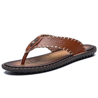 MXTSH Mens Flip Flops Casual Leather Home Sandals For Mens Rubber Sole Slippers (Coffee Sandals, numeric 10(44)