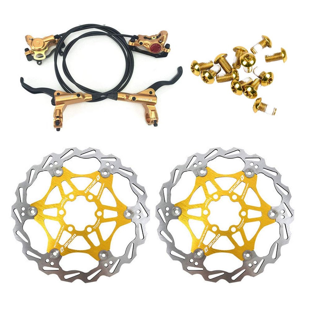 Zoom Hydraulic Disc Brakes Mountain Bike Sets MTB Front & Rear Set with Floating Disc Rotor 160mm & Color Bolts (Gold)