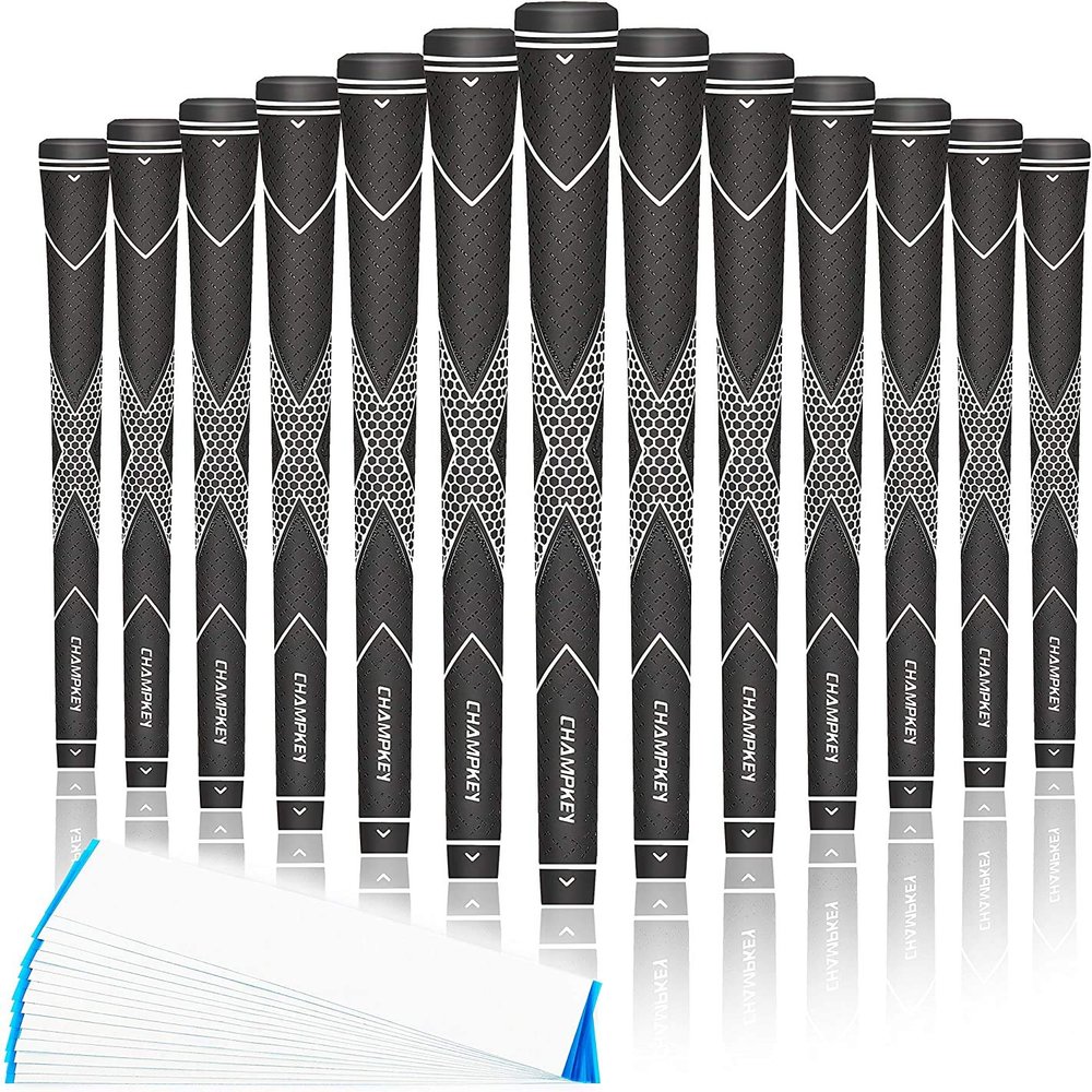 CHAMPKEY Premium Rubber Golf Grips 13 Pack | High Traction & Feedback | Standard/Midsize, 0.600" Round Core, 10.5" Length, 50g/55g Weight, 15 Tapes Included, White/Black