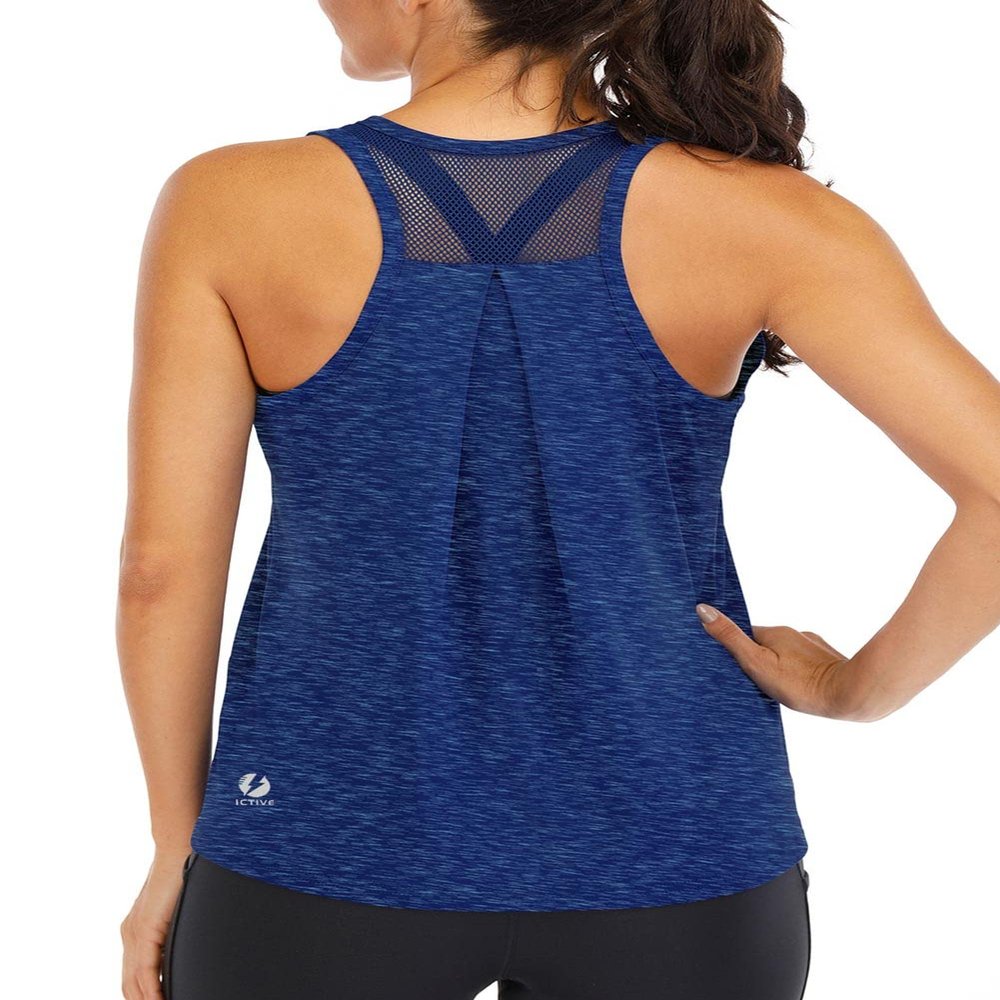 ICTIVE Workout Tops for Women Loose Fit Racerback Mesh Backless Muscle Tank Athletic Exercise Gym Shirts Dark Blue M