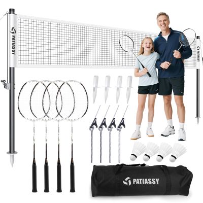Patiassy Professional Badminton Set with Carbon Aluminum Badminton Rackets Set of 4, Outdoor Portable Badminton Net with Winch System, 4 Nylon Badminton Shuttlecocks and Bag