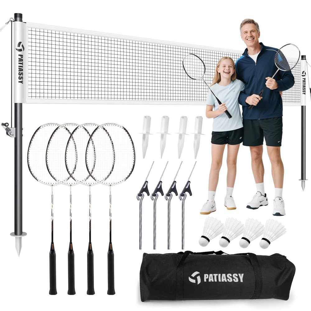 Patiassy Professional Badminton Set with Carbon Aluminum Badminton Rackets Set of 4, Outdoor Portable Badminton Net with Winch System, 4 Nylon Badminton Shuttlecocks and Bag