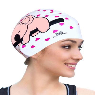 BONDYUEN Swim Cap Fit Kids Boys Girls Men Women with Short or Medium Hair Fun Cute Design Patterns Silicone Swimming Caps (White/Pink)