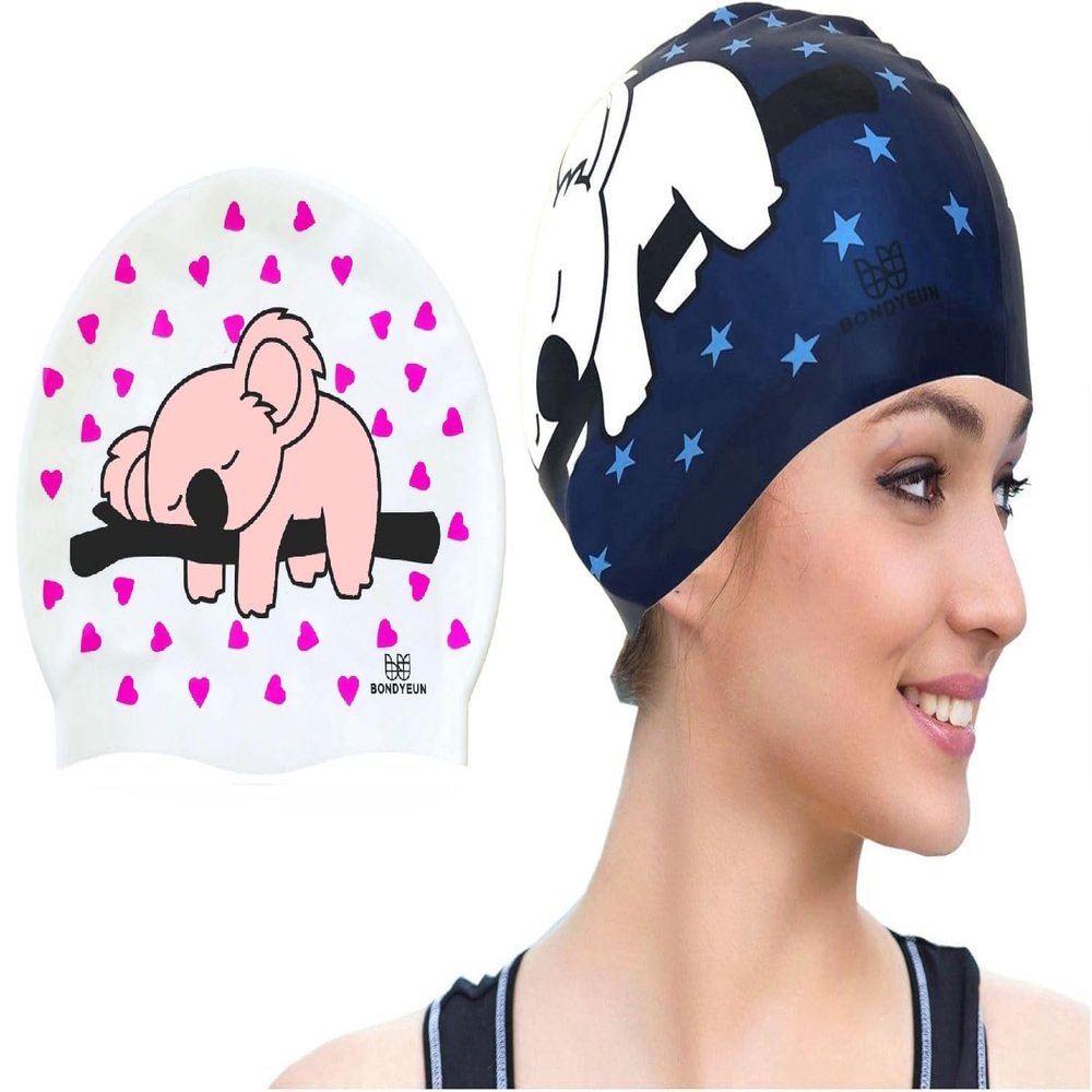 BONDYUEN Swim Cap Fit Kids Boys Girls Men Women with Short or Medium Hair Fun Cute Design Patterns Silicone Swimming Caps (Dark Blue+White PinkStars)