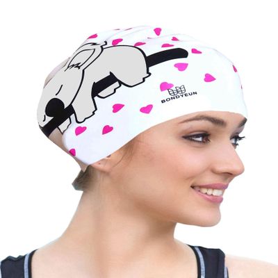 BONDYUEN Swim Cap Fit Kids Boys Girls Men Women with Short or Medium Hair Fun Cute Design Patterns Silicone Swimming Caps (White/Gray)