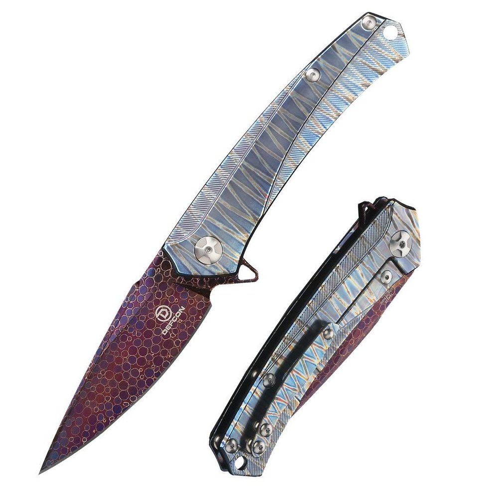 DEFCON Jungle Knife Barracua 8.25" Ball Bearing Damascus Titanium EDC Folding Pocket Knife Special Edition