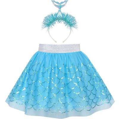 Girls Skirt Blue Sequins Mermaid Headband Tutu Dancing Size 9-10