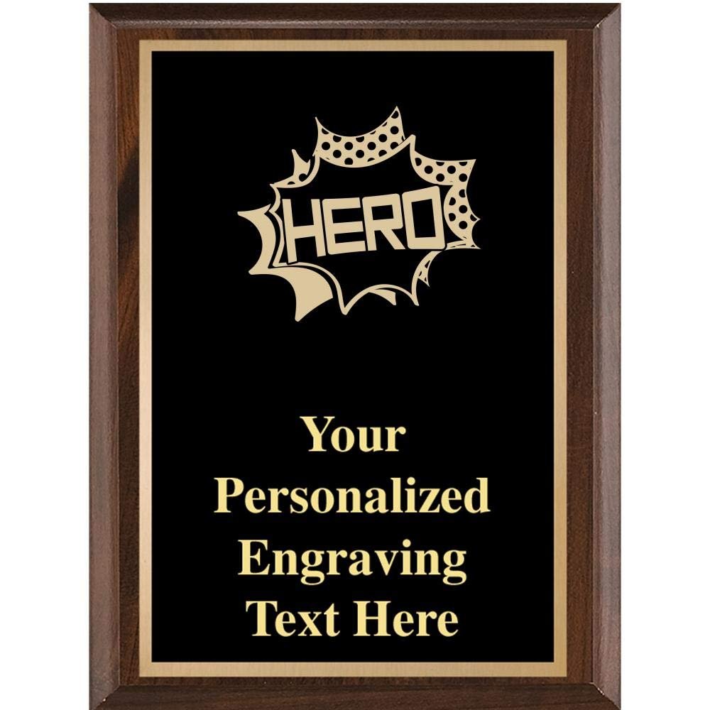 Crown Awards Hero Classic Wood Plaques, 7 x 9 Custom Engraved Hero Trophy Plaque Award Prime