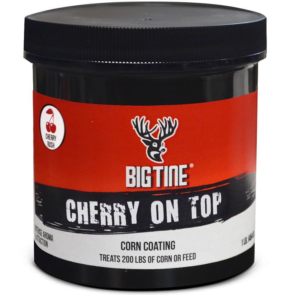 Big Tine Deer Corn Coating, Cherry On Top Flavor, 16 oz Container, Great Addition to Wildlife Feed, Long Lasting Scent, Packed with Vitamins and Minerals