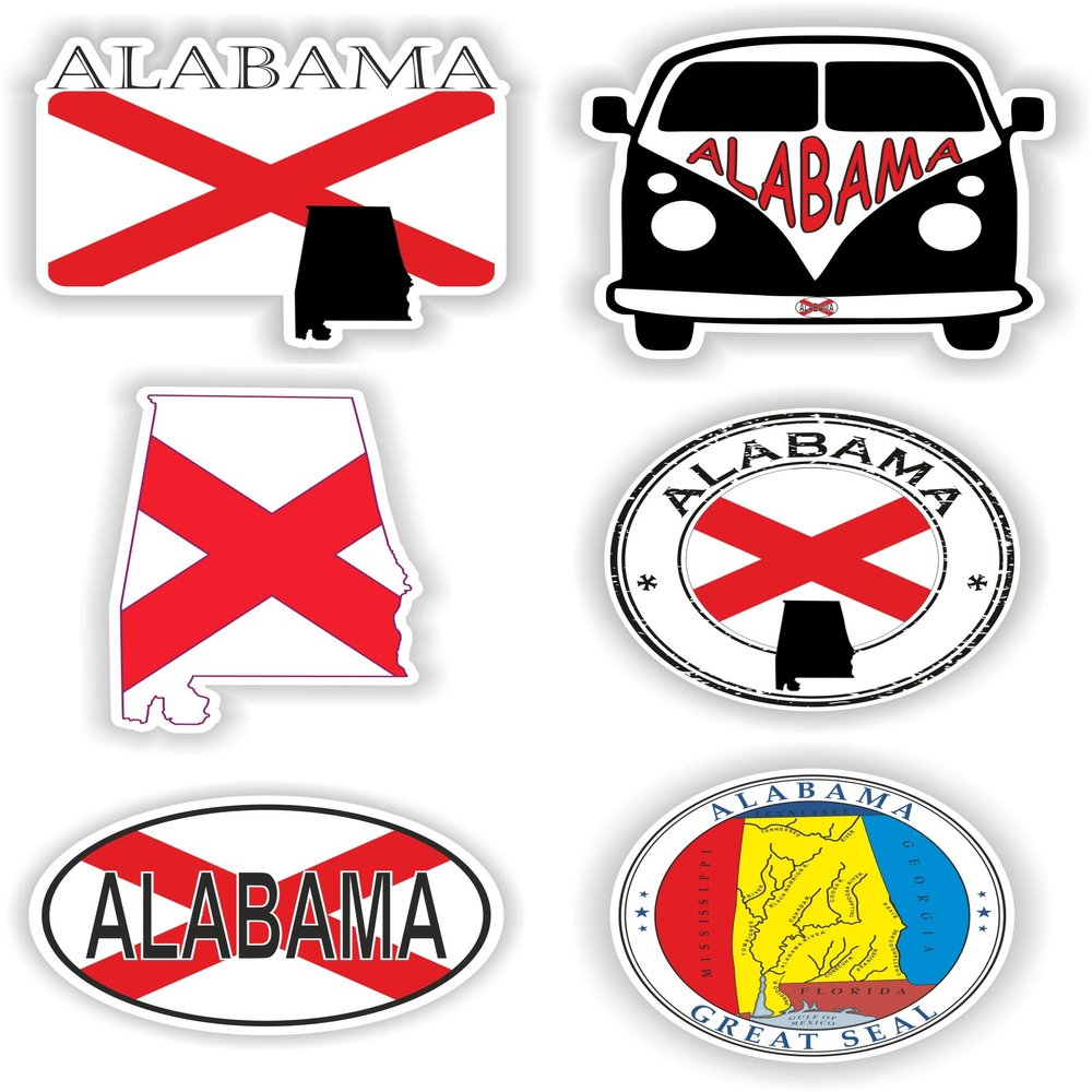 6x Alabama Vinyl Waterproof Stickers - each sticker is approx 10cm / 4inches