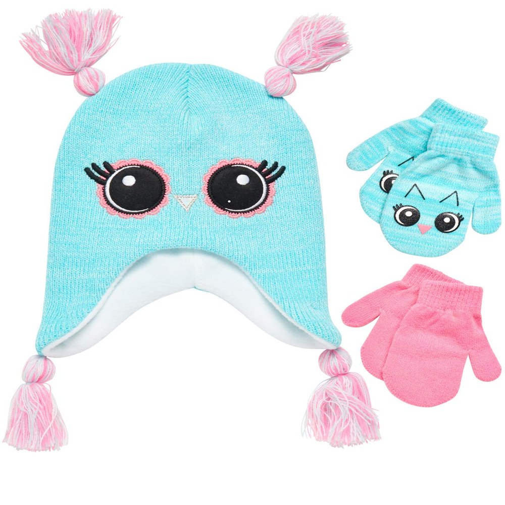 ABG Accessories Girls Critter Winter Hat and 2 Pair Gloves or Mittens (Toddler/Little Girls), Size Age 2-4, Owl Aqua-Pink Mittens