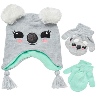 ABG Accessories Girls Critter Winter Hat and 2 Pair Gloves or Mittens (Toddler/Little Girls), Size Age 2-4, Koala Mittens