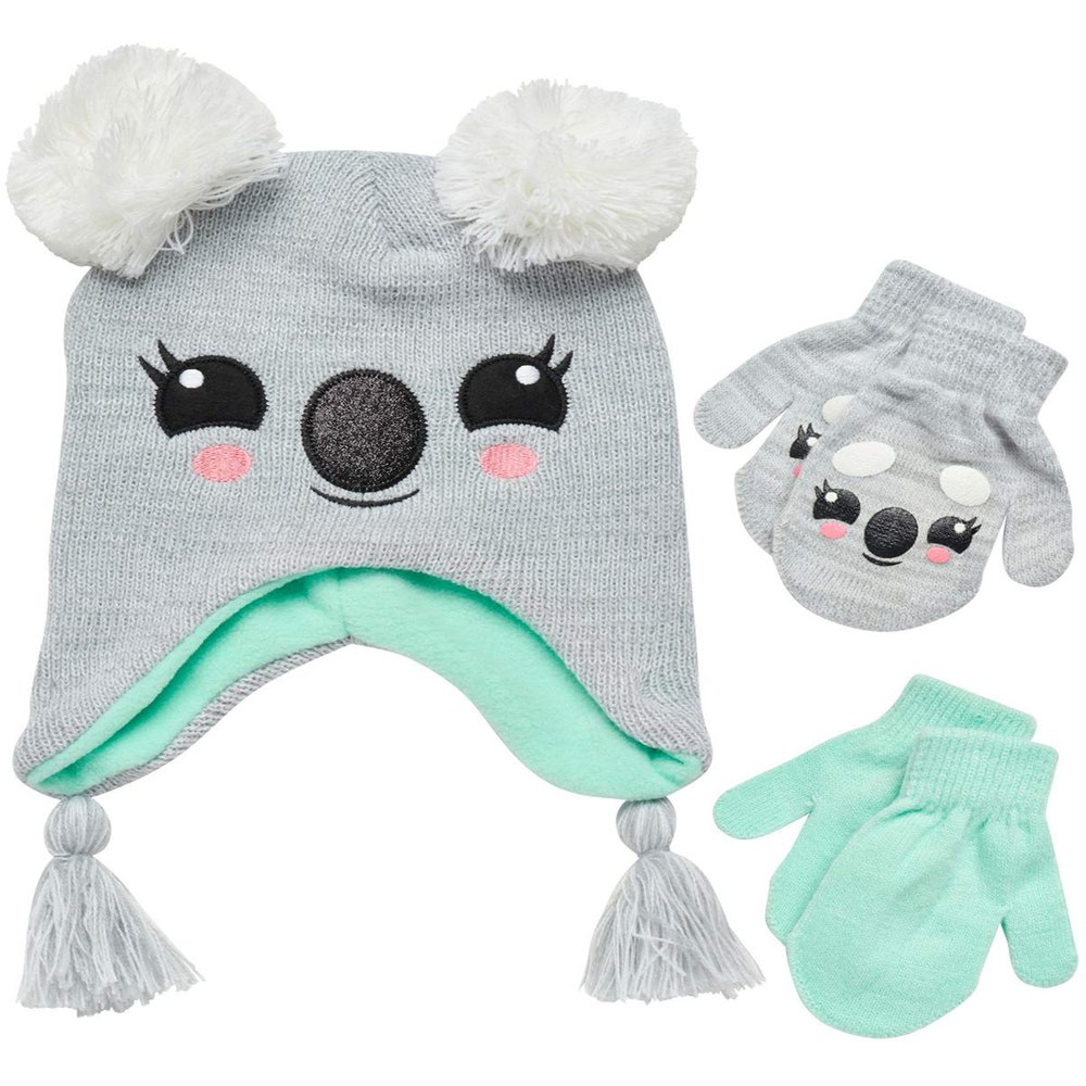 ABG Accessories Girls Critter Winter Hat and 2 Pair Gloves or Mittens (Toddler/Little Girls), Size Age 2-4, Koala Mittens