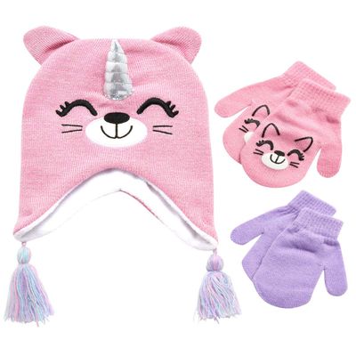 ABG Accessories Girls Critter Winter Hat and 2 Pair Gloves or Mittens (Toddler/Little Girls), Size Age 2-4, Caticorn Mittens