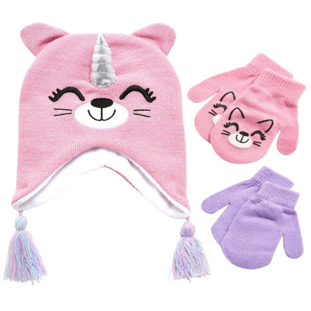 ABG Accessories Girls Critter Winter Hat and 2 Pair Gloves or Mittens (Toddler/Little Girls), Size Age 2-4, Caticorn Mittens