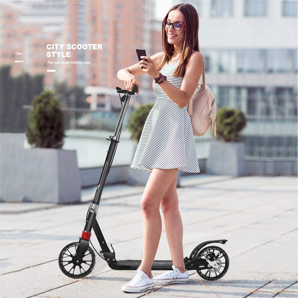 WRRAC-Trampolines Sport Pro Adult City Scooter Big Two Wheel Commuter 1 Click Rapid Folding 6kg Light Frame Hand/Foot Brake Disc Brake 4 Levels Adjustable Height for Adults, Kids and Teens