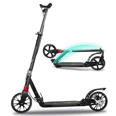 WRRAC-Trampolines Adult Teens Kick Scooter Foldable Height Adjustable Aluminum Ride Tool for 14+ with Rear Wheel & Hand Brake and Foot Brake Disc Brake, Shock Mitigation System - Black
