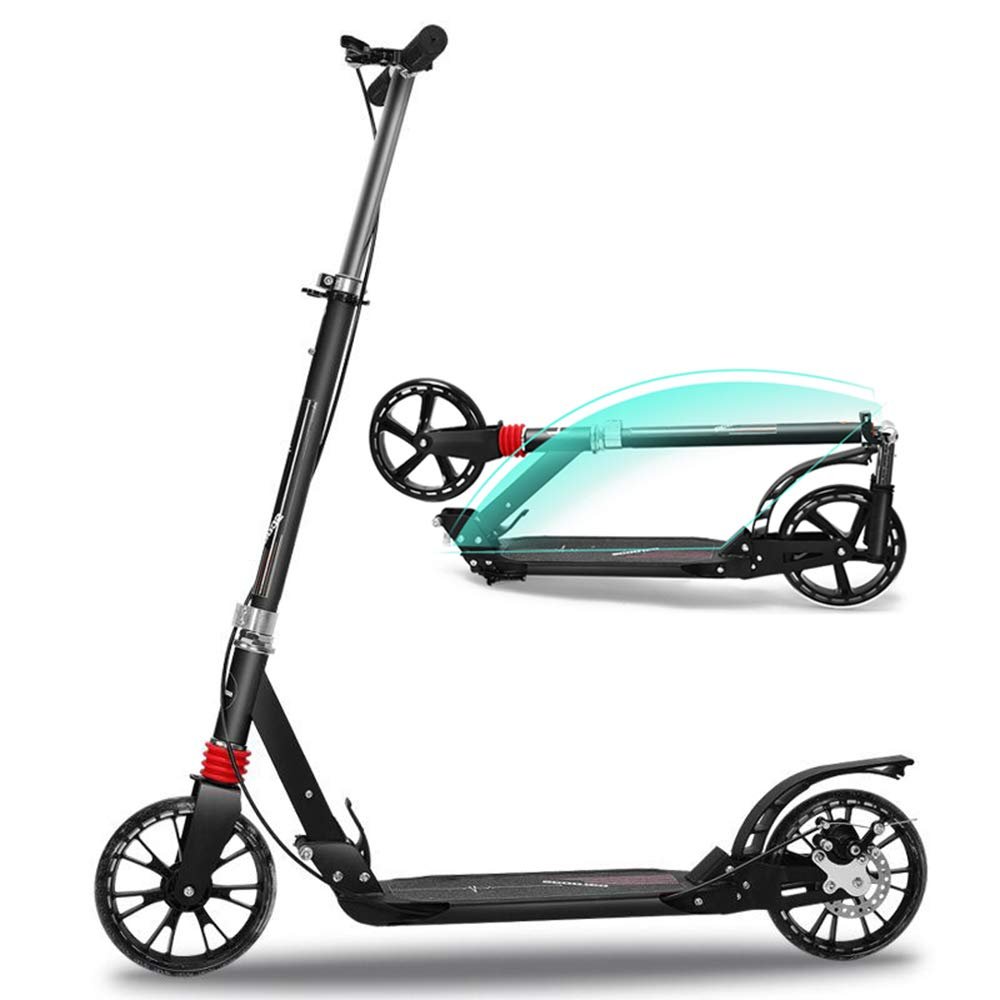 WRRAC-Trampolines Adult Teens Kick Scooter Foldable Height Adjustable Aluminum Ride Tool for 14+ with Rear Wheel & Hand Brake and Foot Brake Disc Brake, Shock Mitigation System - Black