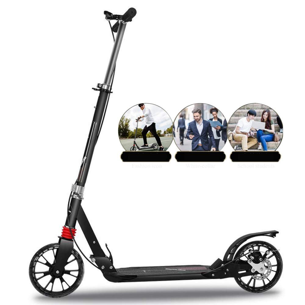 WRRAC-Trampolines Foldable Adult Scooter, 4 Levels Adjustable Height, 2 Big Wheels Kick Scooter with Hand Brake Disc Brake Pad + Foot Brake for Teens Young Women Men Support 150KG(330lbs) Weight