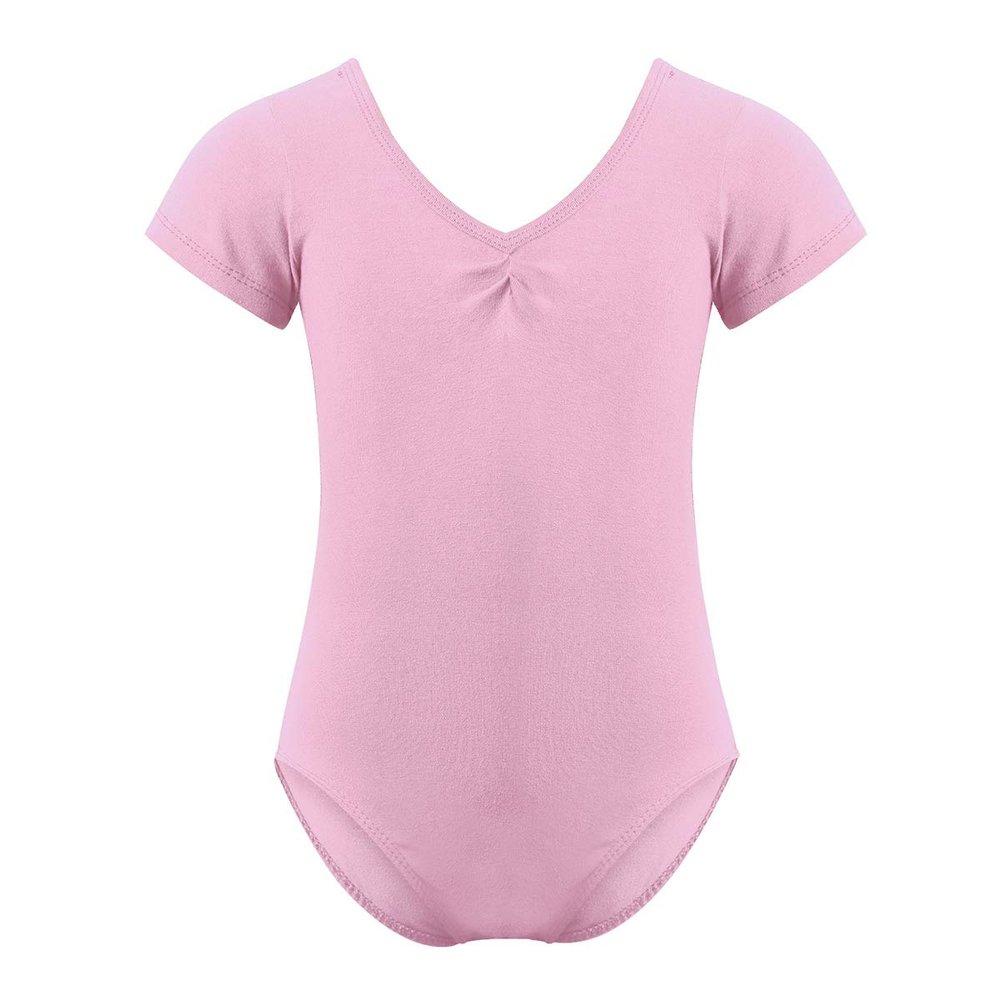 JEATHA Kids Girls Classic Short Sleeves Lace Back Pinched-Front Ballet Gymnastic Leotard Bodysuit Sportswear Pink 4-5