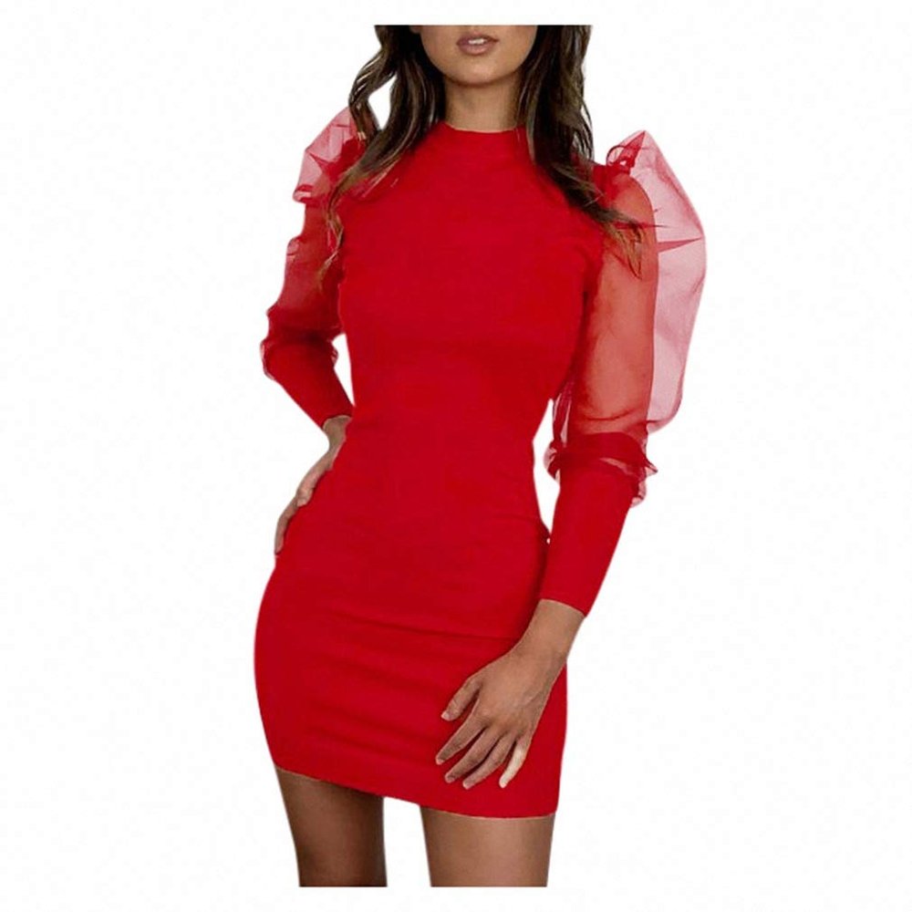 Hiuwa Women Dress Autumn Long Sleeve O-Neck Lantern Sleeve Perspective Mesh Sleeve Casual Mini Dress Red XL