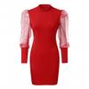 Hiuwa Women Dress Autumn Long Sleeve O-Neck Lantern Sleeve Perspective Mesh Sleeve Casual Mini Dress Red XL view 2