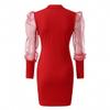 Hiuwa Women Dress Autumn Long Sleeve O-Neck Lantern Sleeve Perspective Mesh Sleeve Casual Mini Dress Red XL view 3