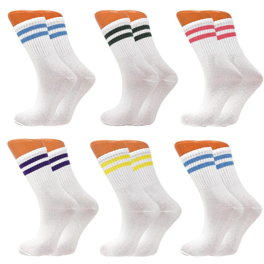 AWS/American Made Tennis Crew Socks for Women Extra Thin Cotton Athletic Striped Socks 6 Pairs Shoe Size 5-10 (Style 1)