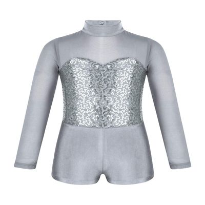 Alvivi Girls' Kids Sequins Gym Leotard Unitard Long Sleeves Jumpsuit for Figure Ice Roller Skating Ballet Dance Outfit Grey 6