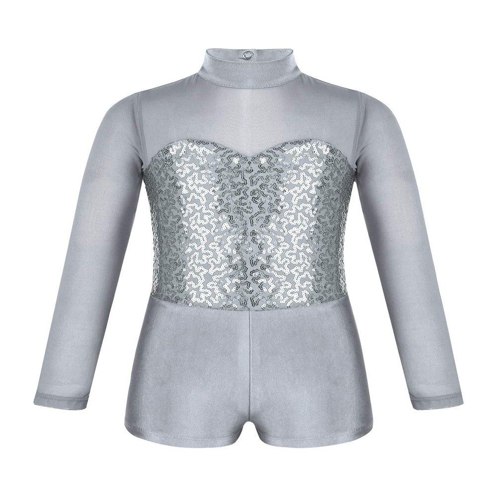Alvivi Girls' Kids Sequins Gym Leotard Unitard Long Sleeves Jumpsuit for Figure Ice Roller Skating Ballet Dance Outfit Grey 6