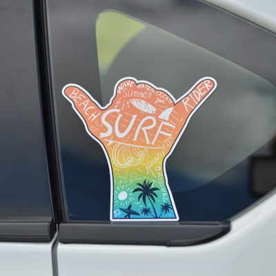 Hang Loose Shaka Sign Surf Sticker | Hawaii Sunny Beach & Palm Tree Decal for Vehicle or Laptop
